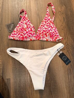 RELLECIGA white bikini bottoms with Zaful Pink Floral Triangle Bikini Top, Small